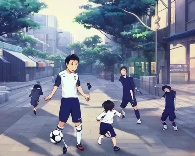 Prompt: harry kane and son heung-min playing soccer in the streets of beijing, slice of life anime, lighting, anime scenery by Makoto shinkai