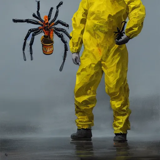 Image similar to a painting of a man in a yellow bio hazard suit holding a bucket and looking at gigantic spider, poster art by jakub rozalski, trending on artstation, nuclear art, apocalypse art, dystopian art, poster art