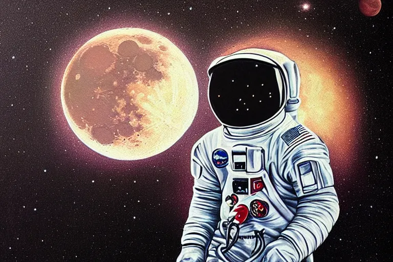 Prompt: paint of a lunar ape astronaut, art by damien gilley, optical illusion, surrealism, modern art, 8 k resolution, artwork beautiful, matte background