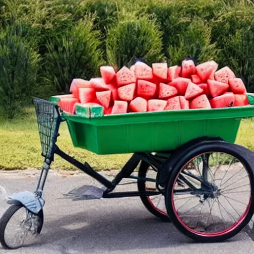 Image similar to a tricycle full of watermelons, an asian boy fell asleep in the car, summer