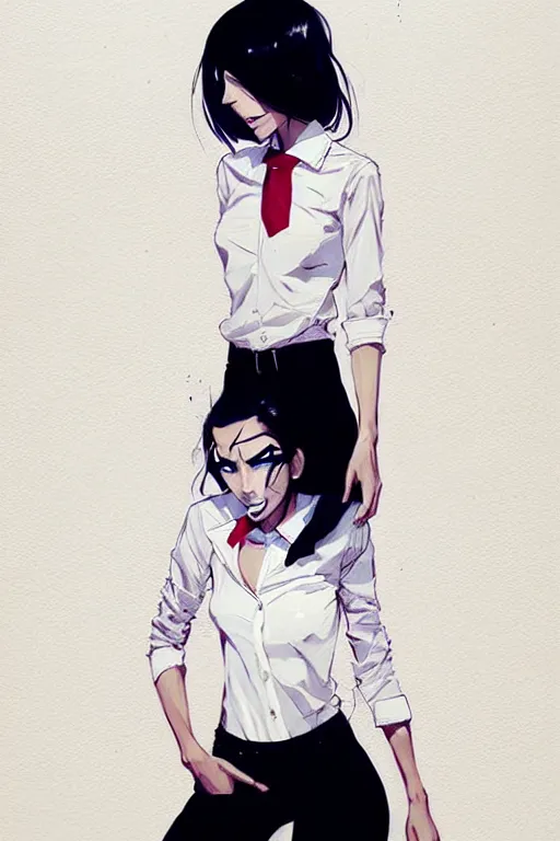 Image similar to a ultradetailed full body portrait of a woman dressed in a white shirt with a tie, by conrad roset, greg rutkowski and makoto shinkai trending on artstation