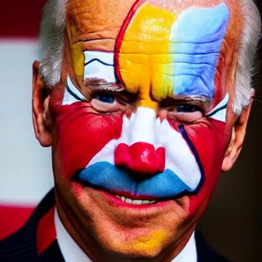 Image similar to Joe Biden with colorful clown makeup all over his face