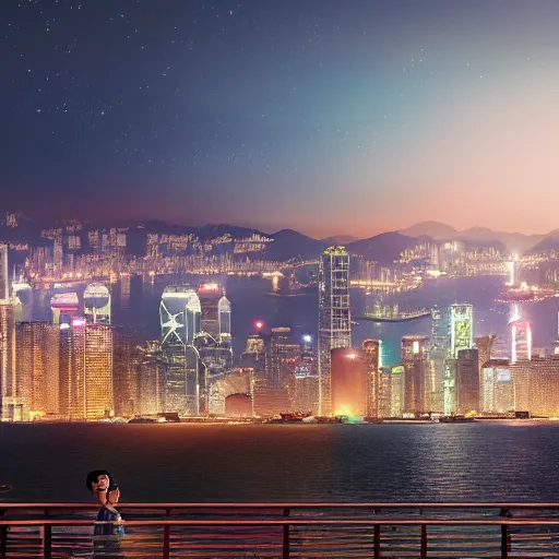 Image similar to ultra photorealistic film still of hong kong skyline. sparkling lights, wide shot, frog perspective, ultra sharp, wes anderson, studio ghibli, pixar and disney animation, octane render, anime key art by greg rutkowski, bloom, dramatic lighting,