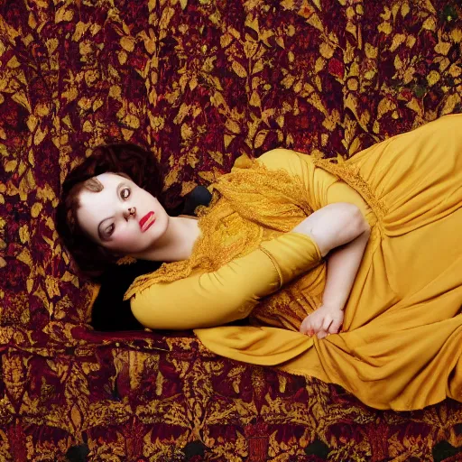 Prompt: preraphaelite photography reclining on bed, a hybrid of judy garland and lady gaga, aged 2 5, big brown fringe, yellow ochre ornate medieval dress, william morris, 4 k