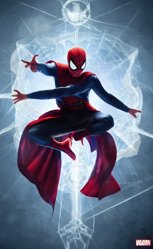 Image similar to spiderman as doctor strange, using his mystic arts, dynamic lighting, photorealistic fantasy concept art, trending on art station, stunning visuals, creative, cinematic, ultra detailed