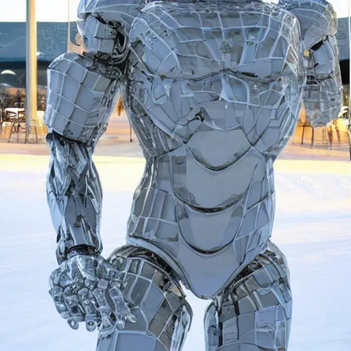 Image similar to made of ice, a realistic detailed photo of a guy who is an attractive humanoid who is half robot and half humanoid, who is a male android, on display, blank stare, showing off his muscles, shiny skin, posing like a statue, by the pool, frozen ice statue, twitch streamer / gamer ludwig, humanoid robot