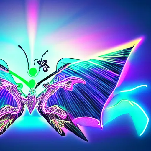 Prompt: florescent dragon with butterfly wings on a dusk lands, glow wave, neon, luminescent