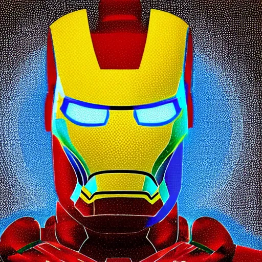 Image similar to mosaic portrait of iron man with robot ears by Saimir Strati, 4k, intricate details, neon lights