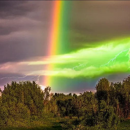 Prompt: Chromatic rainbow lightning strike, photograph, multicolor, prismatic