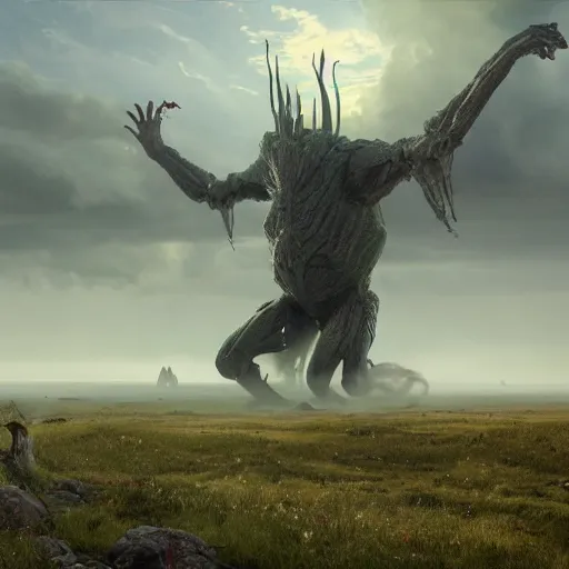 Image similar to enormous gargantuan creature with long arms and legs towering over the plains, seen from a distance, volumetric lighting, 8 k octane beautifully detailed render, post - processing, extremely hyper - detailed, intricate, epic composition, cinematic lighting, masterpiece, trending on artstation, masterpiece, stunning art by anders zorn, wonderful masterpiece by greg rutkowski, beautiful cinematic