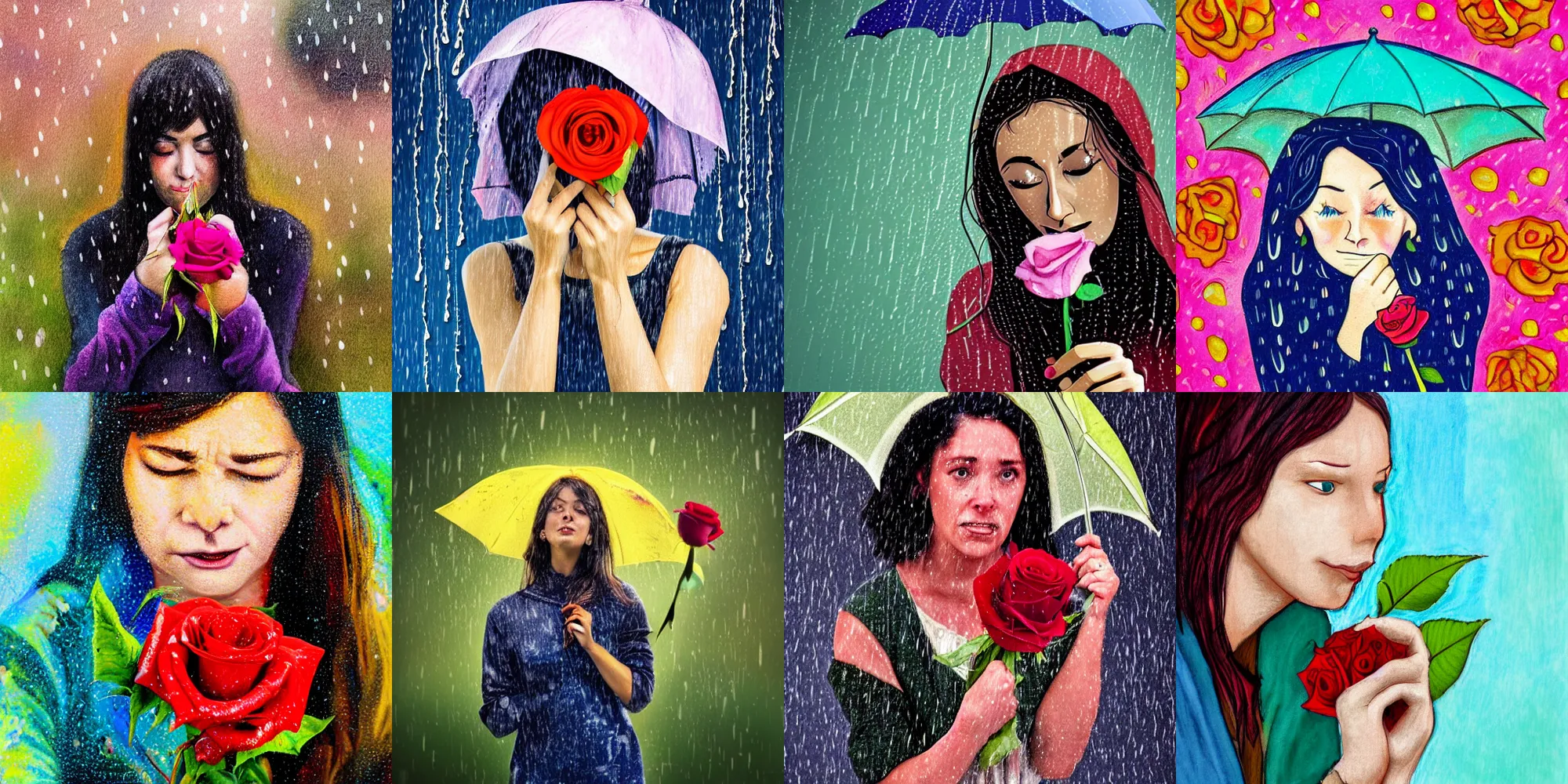 Prompt: a photograph of a teary - eyed women clutching a rose in the rain, photorealistic, vibrant colours