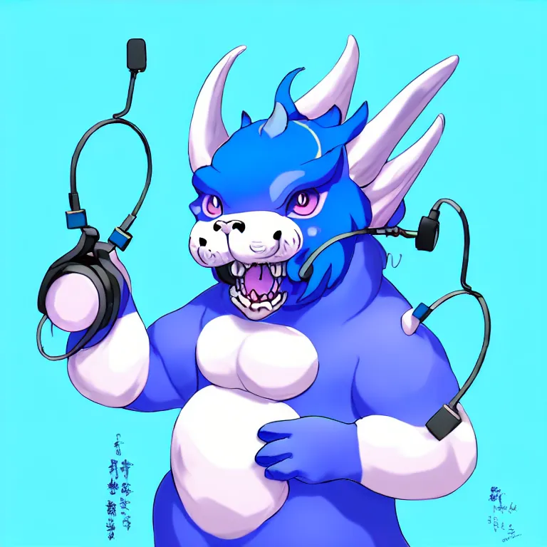 Prompt: a chubby anthropomorphic male blue dragon fursona, blue bubble gum, headphones on his head, cute, furry, beautiful, soft colors, oil on canvas, soft lighting