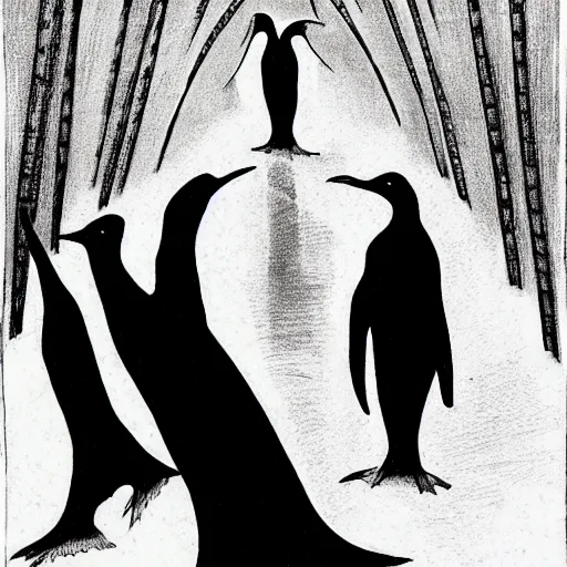 Prompt: oppressive penguin artistic illustration, concept art by junji ito