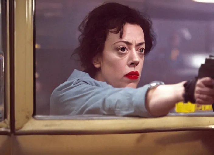 Prompt: cinematic portrait of panicking olivia coleman holding up a glock handgun, in classic diner, paranoid scene from the tense thriller film ( 2 0 0 1 ) directed by spike jonze, hyper - detailed face, dramatic backlit window, volumetric hazy lighting, moody cinematography, 3 5 mm kodak color, anamorphic wide angle lens