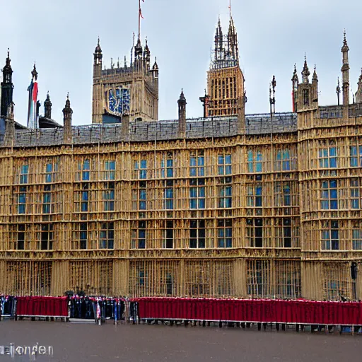 Prompt: the houses of parliament in london decorated for king charles ii's coronation, london