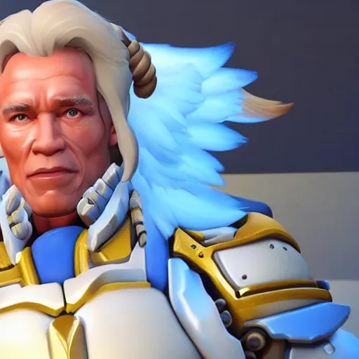 Image similar to a screenshot of arnold schwarzenegger as mercy in overwatch