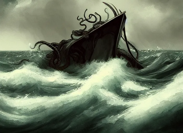 Prompt: in the style of Abigail Larson and cgsociety, kraken attacking a large ship, tentacles wrapped around boat, rough waters, overcast, large waves, stormy seas