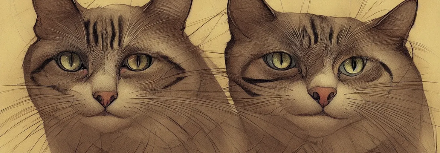 Image similar to beautiful cat with hundreds of spiral eyes, in acidic din, with soft light, symmetrical patterns, like leonardo da vinci sketches! in the style of studio ghibli, j. c. leyendecker, greg rutkowski, artgerm