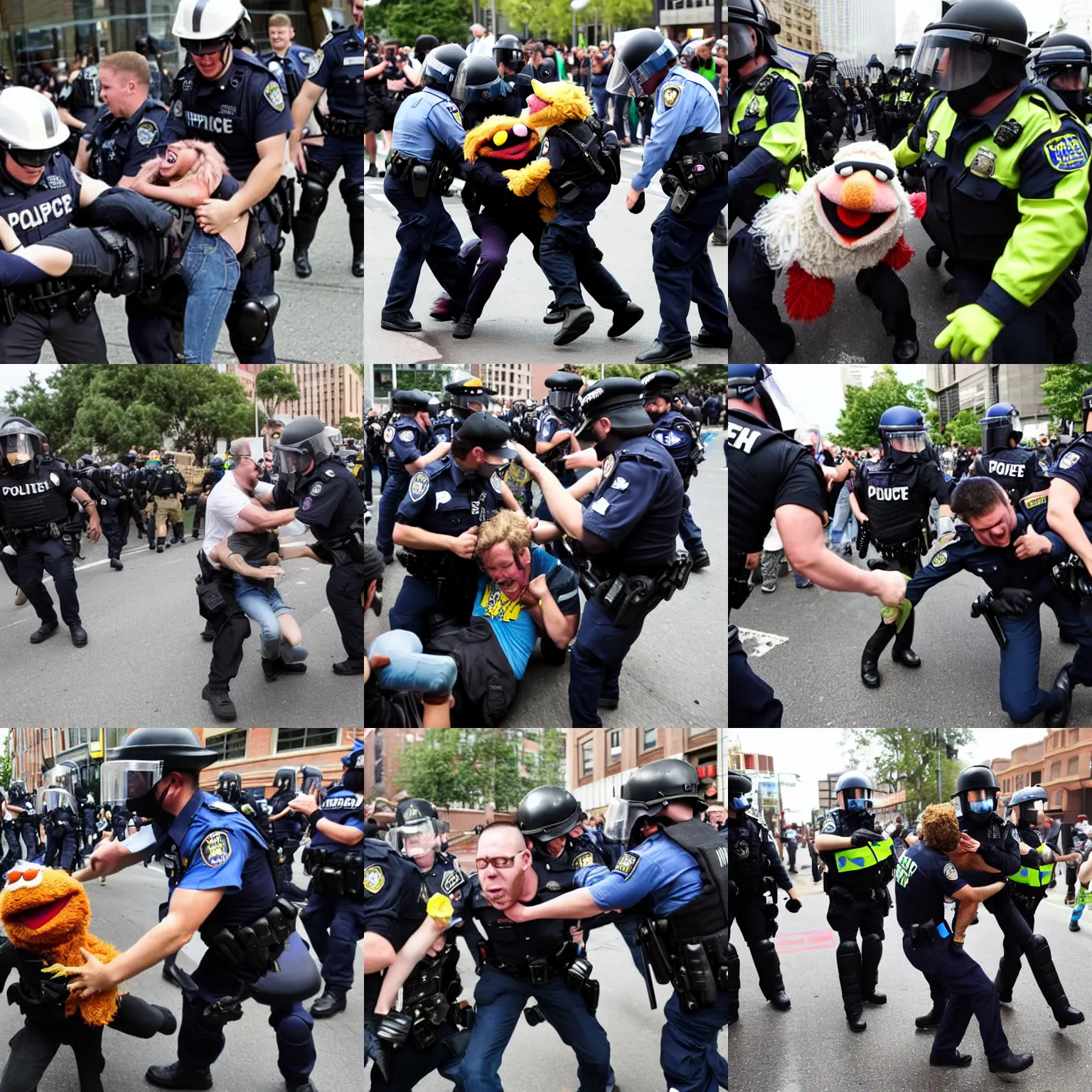 Prompt: Muppet police beating a protester