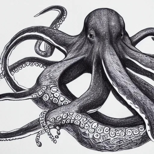 Prompt: ballpoint pen drawing of an octopus