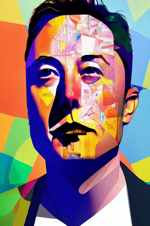 Prompt: cubist portrait of elon musk cutout digital illustration cartoon colorful beeple