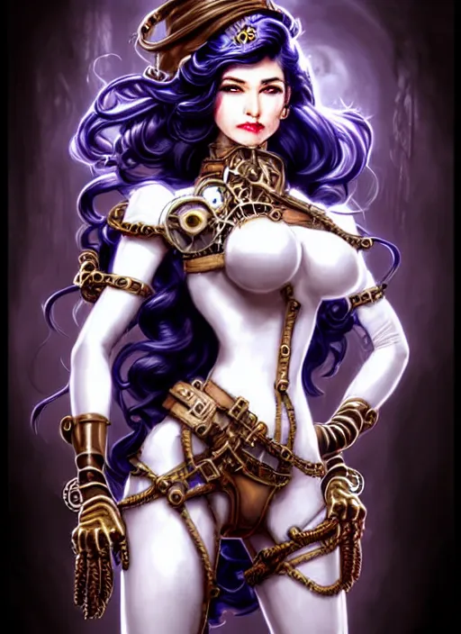 Image similar to front portrait hands on waist pose of attractive Lady Mechanika with wavy hair using white gloves, hand on waist pose!, Intricate steampunk imagery , D&D!, fantasy style, sharp focus!, ultra detailed, art by Artgerm and Peter Andrew Jones, WLUP