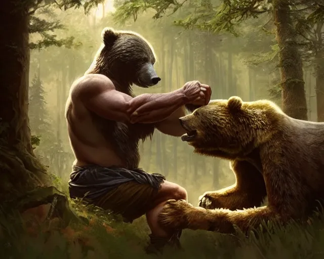 Image similar to old man, in the woods, arm wrestling, a bear, deep focus, d & d, fantasy, intricate, elegant, highly detailed, digital painting, artstation, concept art, matte, sharp focus, illustration, hearthstone, art by artgerm and greg rutkowski and alphonse mucha