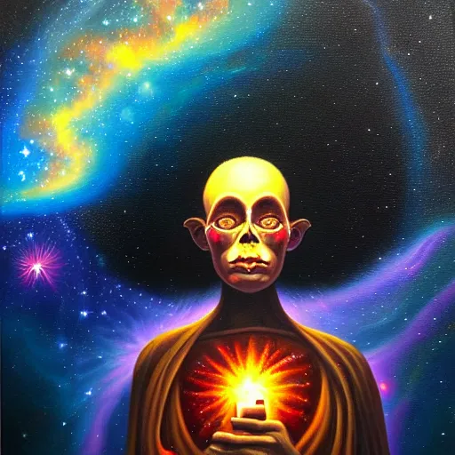 Image similar to facing the evil darkness dark star galactic nebular astral realm sacred journey in oil painting, trending on artstation, award winning, emotional, highly detailed surrealist art