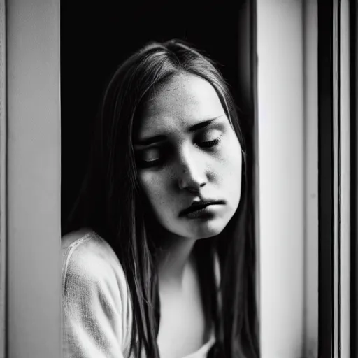 Image similar to black and white photography of highly detailed beautiful depressed Woman with detailed face in the heroine chique style standing by the window, vintage, natural light, sigma 24 f2.8