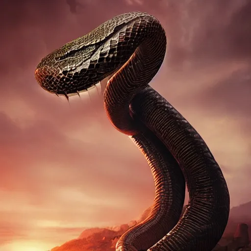 Image similar to giant cyborg snake on a dusky land, art by artgerm and greg rutkowski, cinematic shot, intricate, ornate, photorealistic, ultra detailed, trending artstaition, realistic, 1 0 0 mm, photography, octane, high definition, depth of field, bokeh, 8 k