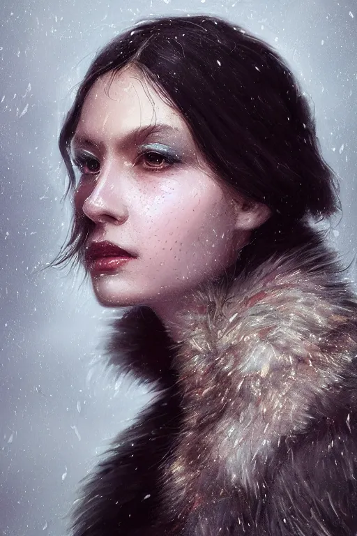 Prompt: A fancy portrait of an attractive women covers in fur by Greg Rutkowski, beeple, Sung Choi, Mitchell Mohrhauser, Maciej Kuciara, Johnson Ting, Maxim Verehin, Peter Konig, final fantasy, macro lens , 8k photorealistic, cinematic lighting, HD, high details, dramatic, dark atmosphere, trending on artstation