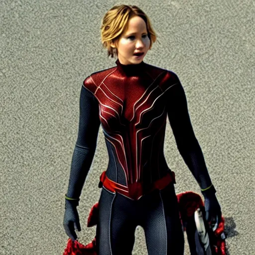 Image similar to Jennifer Lawrence as spidergirl, an film still, movie Hollywood