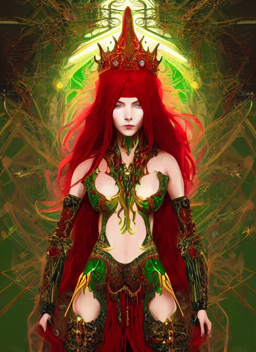 Image similar to a painting of a beautiful cyberpunk elven queen with long red hair, wearing green, red and gold ornate dress, golden intricate crown. detailed symmetrical full body portrait, intricate complexity, concept art, by makoto shinkai and studio madhouse. cinematic dramatic atmosphere, sharp focus