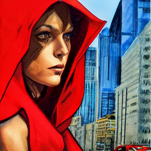 Image similar to photorealistic picture, by bob peak and alex ross and john romita jr, red riding hood lost in miami, gouache and wash paints, fine details, fine intricate, fine facial proportionate, fine body proportionate, smooth focus, sharp details, bokeh, 4 k, fine 5 k details