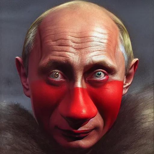 Image similar to vladimir putin, is a jester, circus performance, red clown nose, fantasy 3 d render, masterpiece, by donato giancola and greg rutkowski and wayne barlow and zdzisław beksinski, realistic face