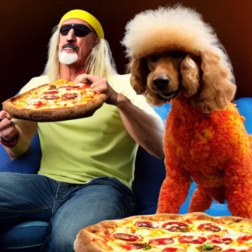 Image similar to hulk hogan eating pizza, riding a poodle