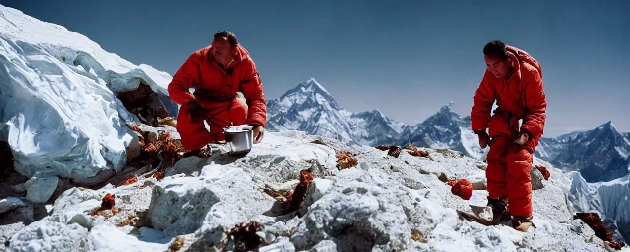 Image similar to the best chef in the world making a meal on top of mount everest, canon 5 0 mm, cinematic lighting, photography, retro, film, kodachrome