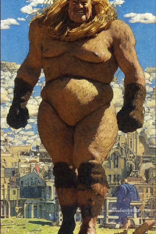 Image similar to full body portrait of huge hulking giant haystacks as superhero, simple background, painted by jack kirby, lawrence alma tadema, norman rockwell, greg staples, wayne barlow, jacob collins, tom lovell, frank schoonover, neville page
