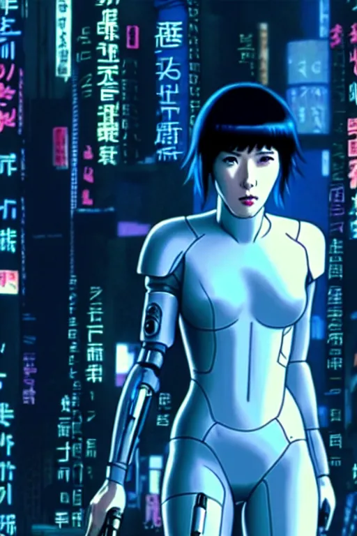 Image similar to long shot from the film ghost in the shell, style of yoshii chie, cinematic, highly detailed