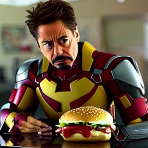 Image similar to tony stark eating a cheeseburger