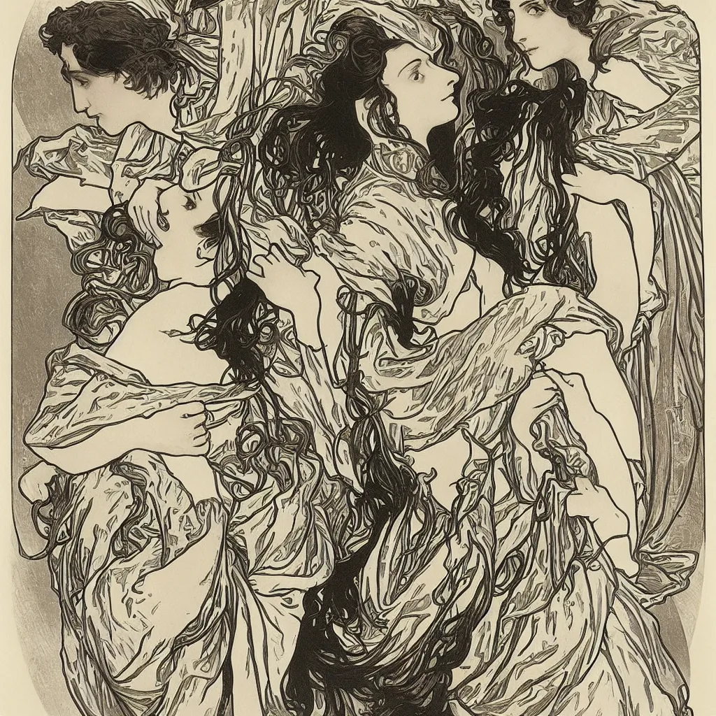 Image similar to monochromatic engraving by alphonse mucha and gustave klint