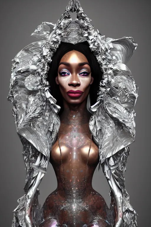 Image similar to a highly detailed medium shot 8 k render portrait of an alien goddess winnie harlow in iris van herpen dress schiaparelli in diamonds and jewelry in style of alphonse mucha trending on artstation made in unreal engine 4