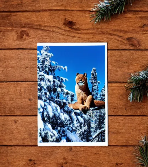 Image similar to ripped up postcard showing 'a cougar sleeping in the middle of snowy pine tree' laying on coffee table, zoomed out shot, HD, iphone capture