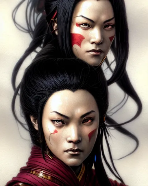 Image similar to azula from avatar the last airbender, character portrait, portrait, close up, concept art, intricate details, highly detailed by greg rutkowski, michael whelan and gustave dore