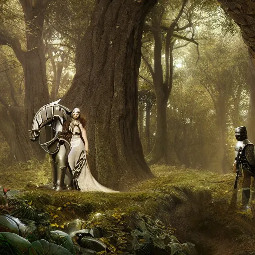 Prompt: female standing in a forest and a male knight standing next to her, 8 k, spotlight, cinematic lighting, global illumination, ambient occlusion, insanely detailed and intricate, hypermaximalist, elegant, ornate, hyper realistic, super detailed, by lee man fong, by pebble tay, by richard dadd, by wlop