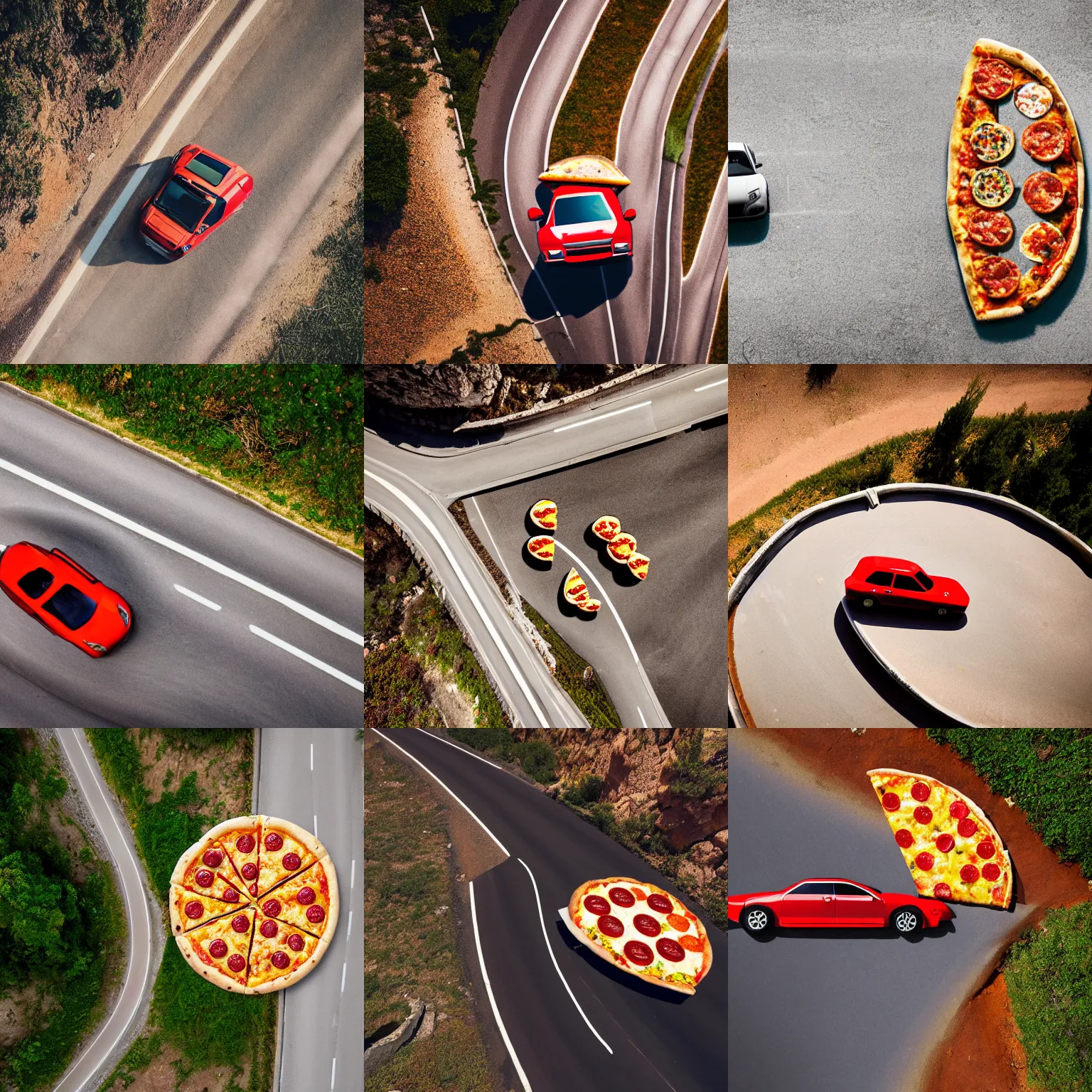 Prompt: A car made out of pizza driving on a winding road by a cliff in Italy. Aerial view. Commercial photoshoot, dynamic angle, sun flare.