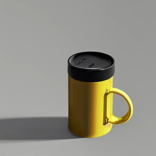 Prompt: yellow coffee mug is made of aluminium, steamy coffee on mug, mug looks similar to a rimowa portmanteau with handle