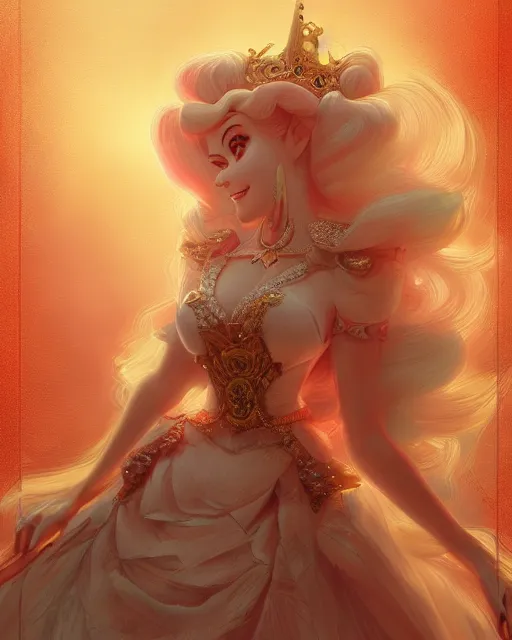 Image similar to a beautiful princess peach captured by dragon bowser, accurate details, dramatic, intricate, elegant, highly detailed, digital painting, artstation, concept art, sharp focus, illustration, art by Gustave Dore, octane render