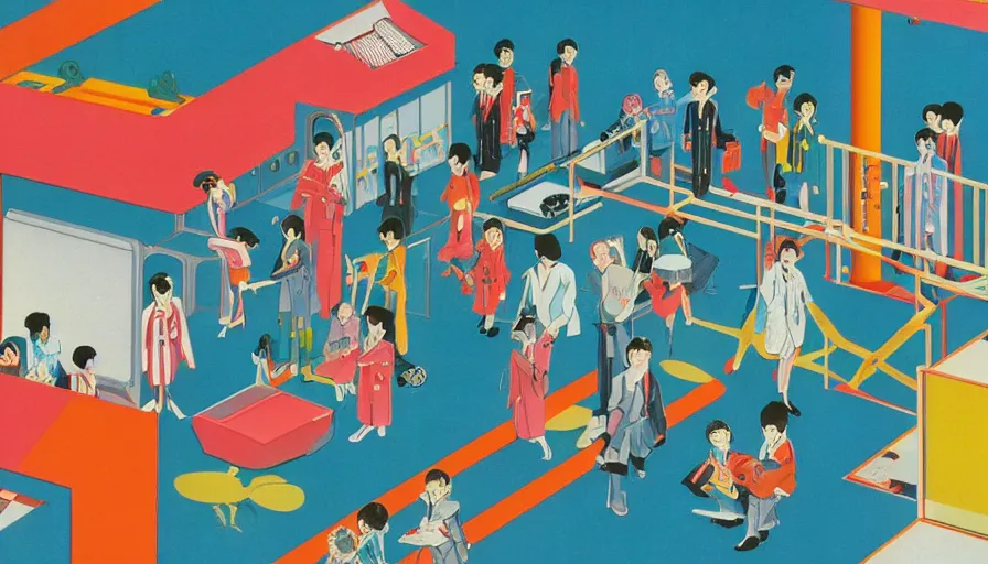 Prompt: 1980s Japanese culture magazine advertisement for a futuristic playground themed office, business people in mascot costumes, slides, mysterious toys, magical treasure, secret doors and windows, designed by Gucci, Wes Anderson, and Petra Collins, clean details