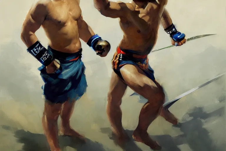 Image similar to greg manchess painting of a filipino mma fighter with a sword, organic painting, sunny day, matte painting, bold shapes, hard edges, street art, trending on artstation, by huang guangjian, gil elvgren, ruan jia, randy vargas, greg rutkowski